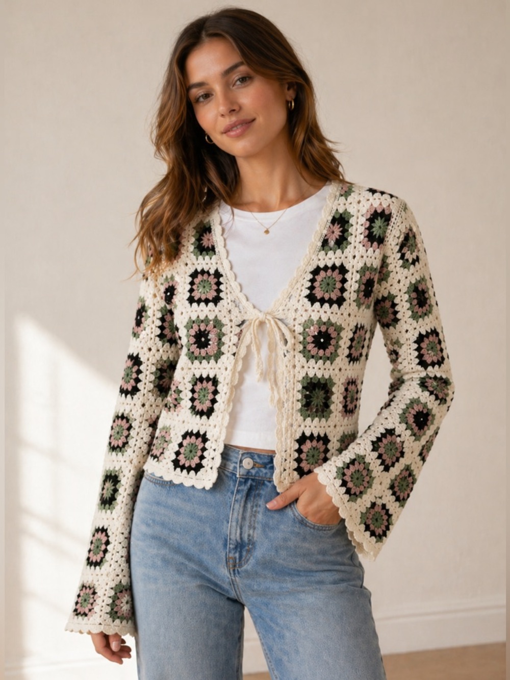 Francescas Granny Square Crochet Cardigan M Cottagecore Boho Flare Sleeve